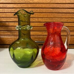 Hand blown orange/red crackle glass 4” pitcher w/clear applied handle & 5” vase